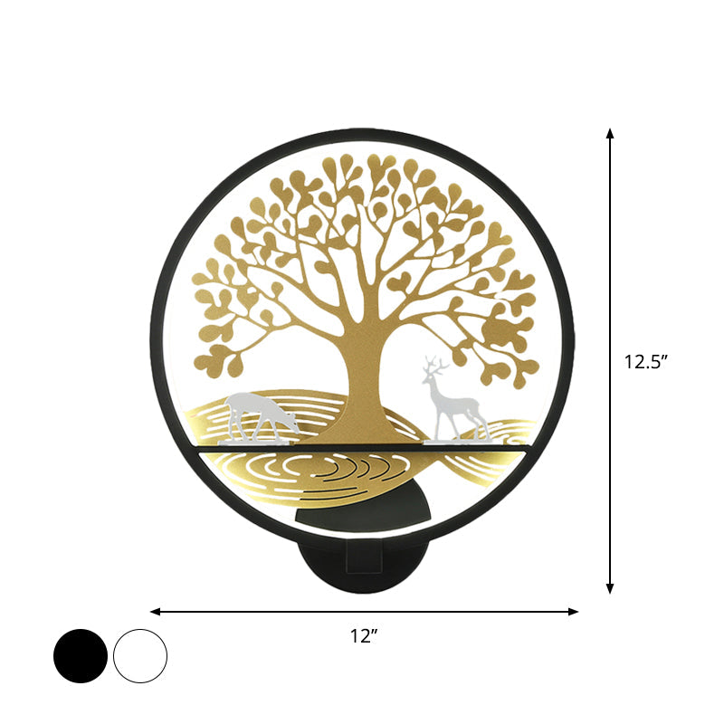 Frendorf | Schwarz/Weiß Rund Baum Wandmontierte Lampe Postmodern LED Metall Wandlicht für Nachttisch, Warm/Weiß Licht