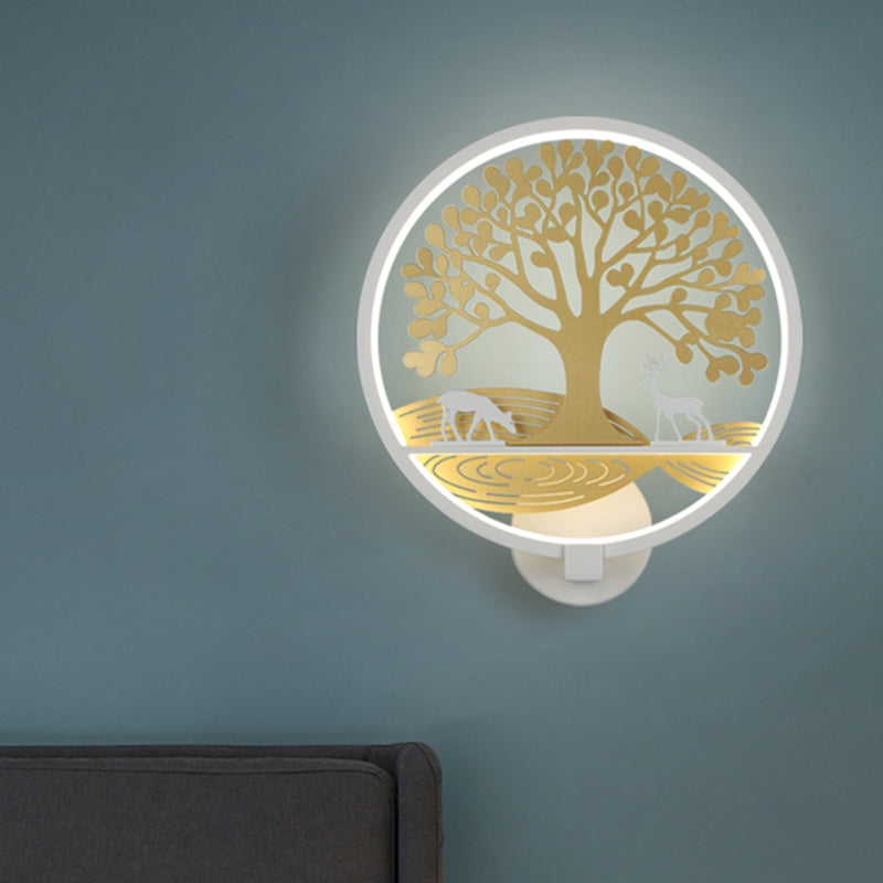 Frendorf | Schwarz/Weiß Rund Baum Wandmontierte Lampe Postmodern LED Metall Wandlicht für Nachttisch, Warm/Weiß Licht