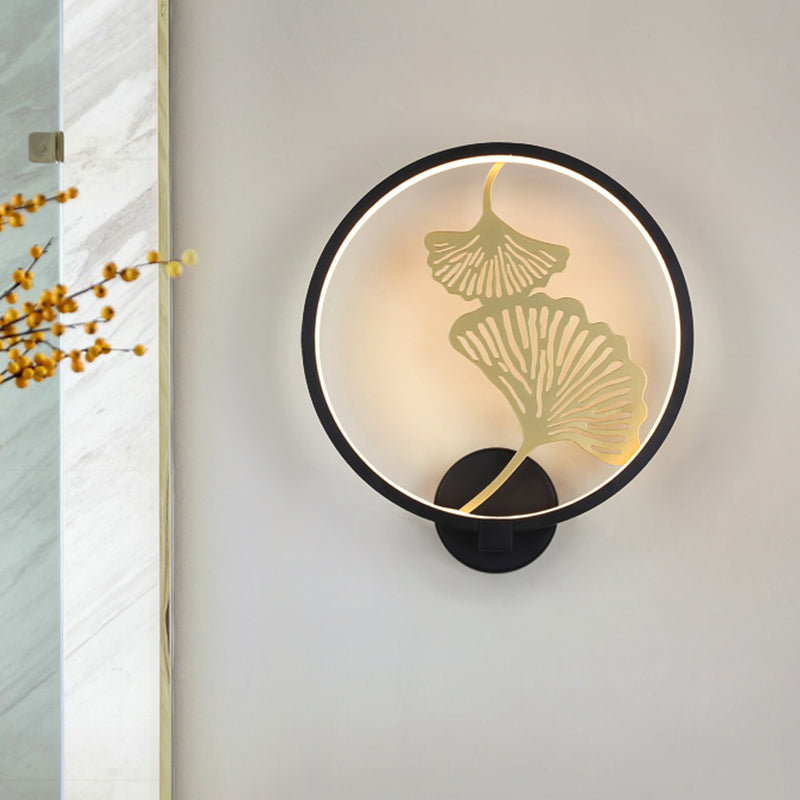 Schwarz/Weiß Rund Ginkgo Wandlampe Modern LED Metall Wandbeleuchtung Idee für Wohnzimmer, Warm/Weiß Licht