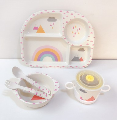 Frendorf | Baby Geschirrset mit Wolkenmotiv – Teller, Schüssel, Becher & Besteck für Kinder