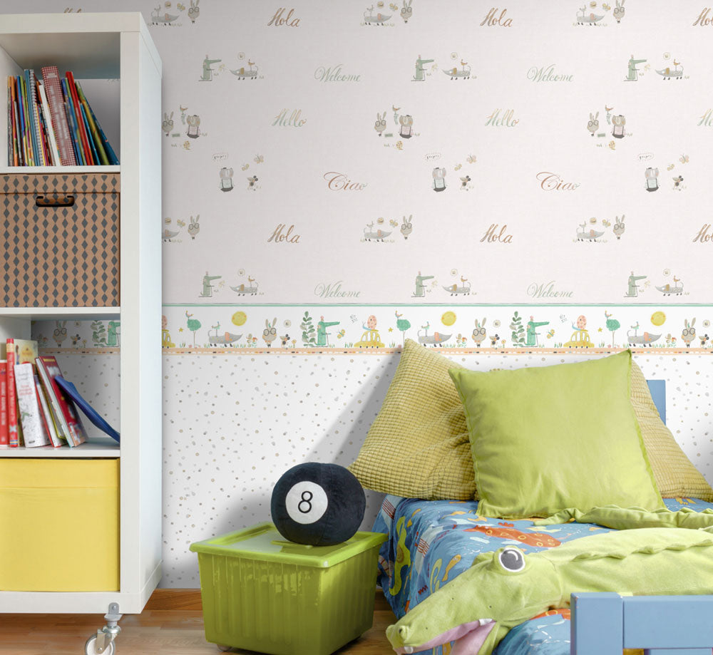 Frendorf | Creme Papier Kinder Tapete mit Tieren und Texten 3353-3, Oh lala, ICH Wandbeläge