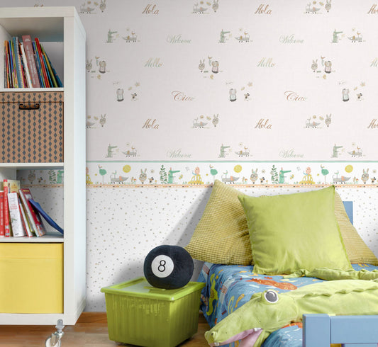 Frendorf | Creme Papier Kinder Tapete mit Tieren und Texten 3353-3, Oh lala, ICH Wandbeläge