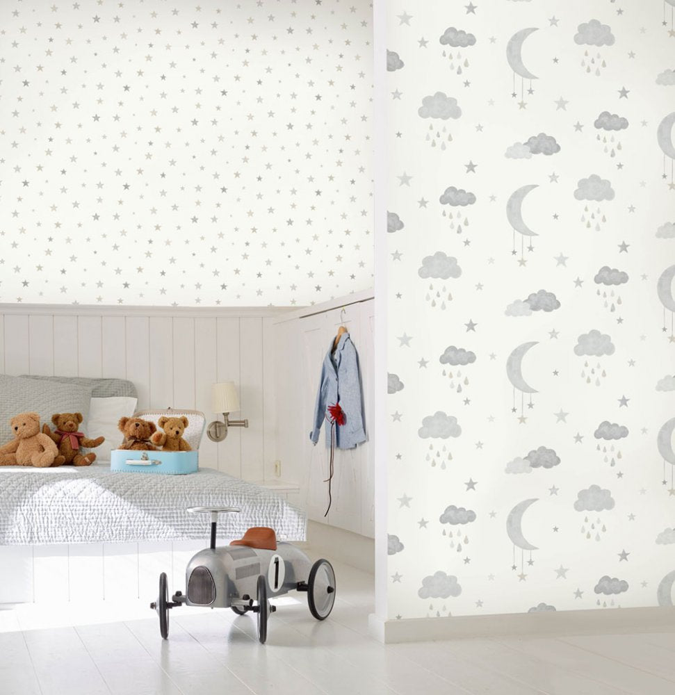 Frendorf | Grau-weiße Kinder-Tapete mit Sternen und Wolken JS2211, Jack´N Rose 2024, Grandeco