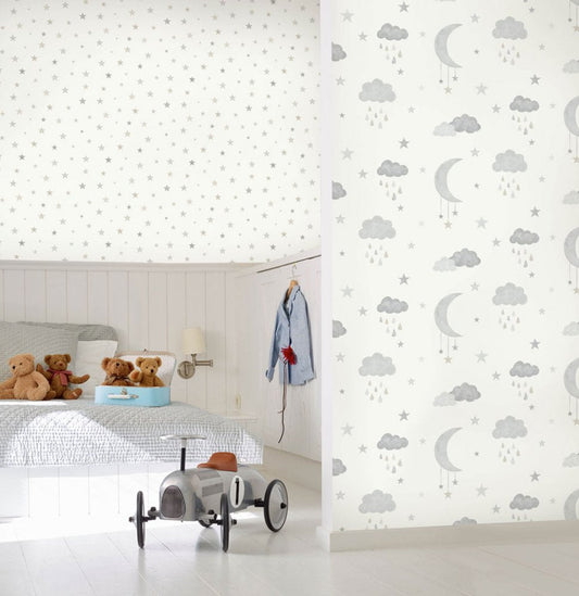 Frendorf | Grau-weiße Kinder-Tapete mit Sternen und Wolken JS2211, Jack´N Rose 2024, Grandeco