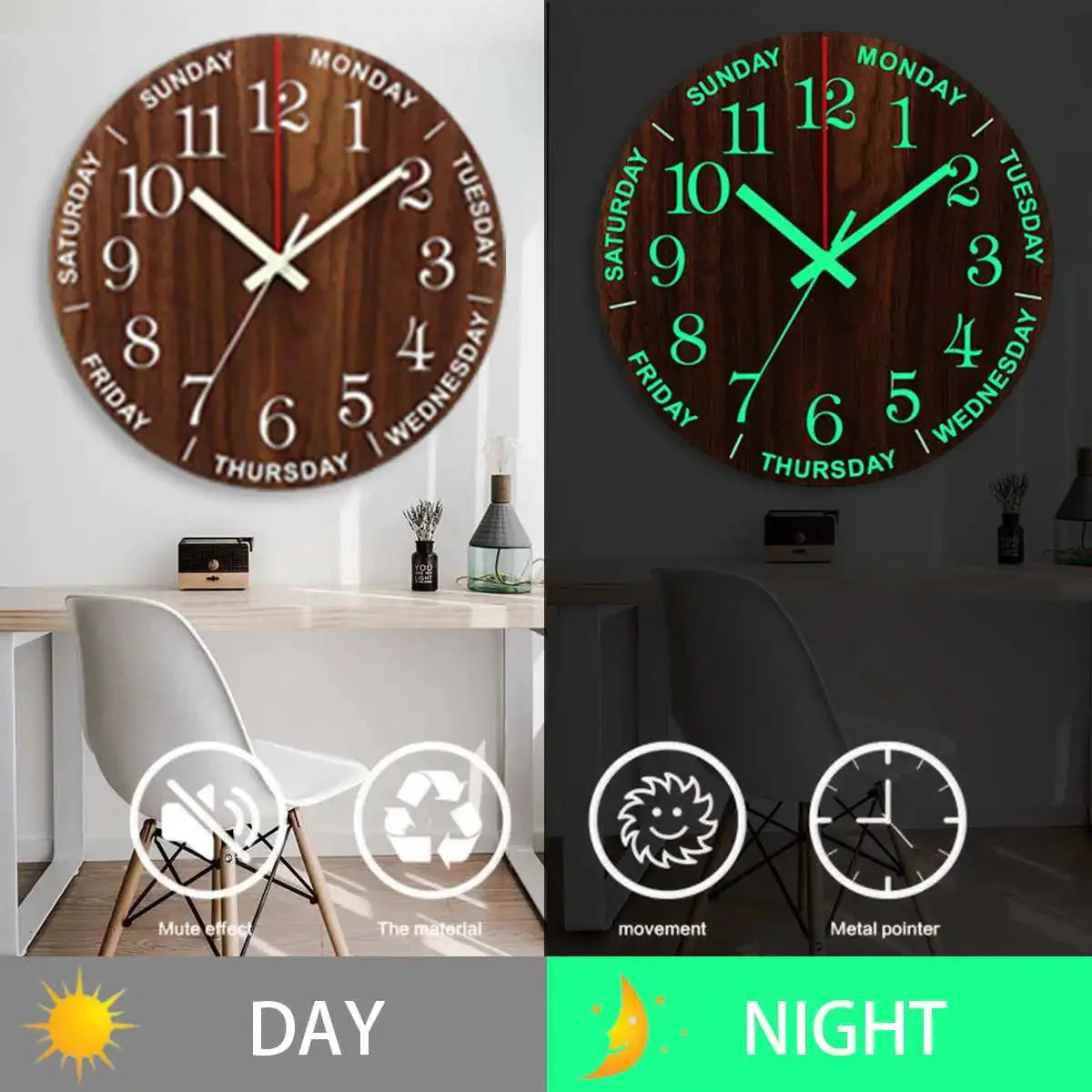 12 Zoll Leuchtende Wanduhr Holz Silent Licht in dunkler Nacht Nordischer Mode Wanduhr Geräuschlose Uhr mit Nachtlicht Geschenk