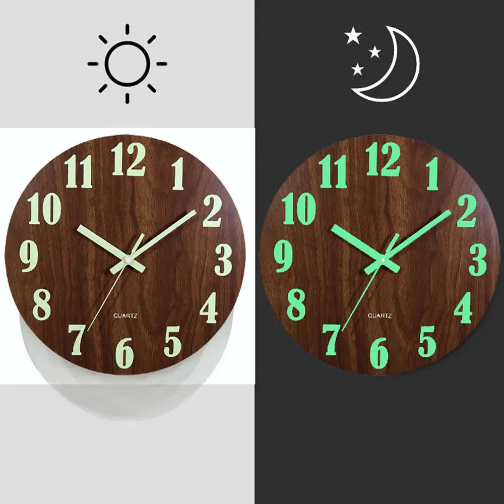 12 Zoll Leuchtende Wanduhr Holz Lautlos Licht in dunkler Nacht Nordische Mode Wanduhr Geräuschlos Uhr Mit Nachtlicht