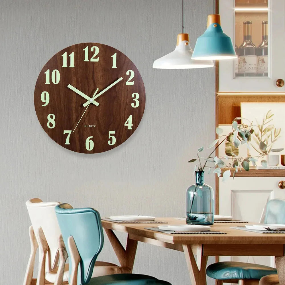 12 Zoll Leuchtende Wanduhr Holz Lautlos Licht in dunkler Nacht Nordische Mode Wanduhr Geräuschlos Uhr Mit Nachtlicht