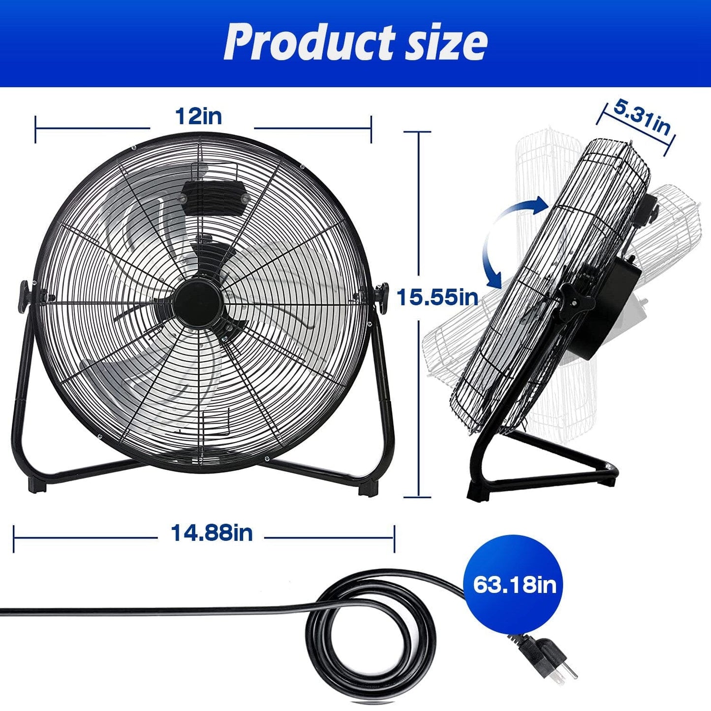 Frendorf | 12" Standventilator Kupfermotor Hochgeschwindigkeits mit 3 verstellbaren Geschwindigkeiten