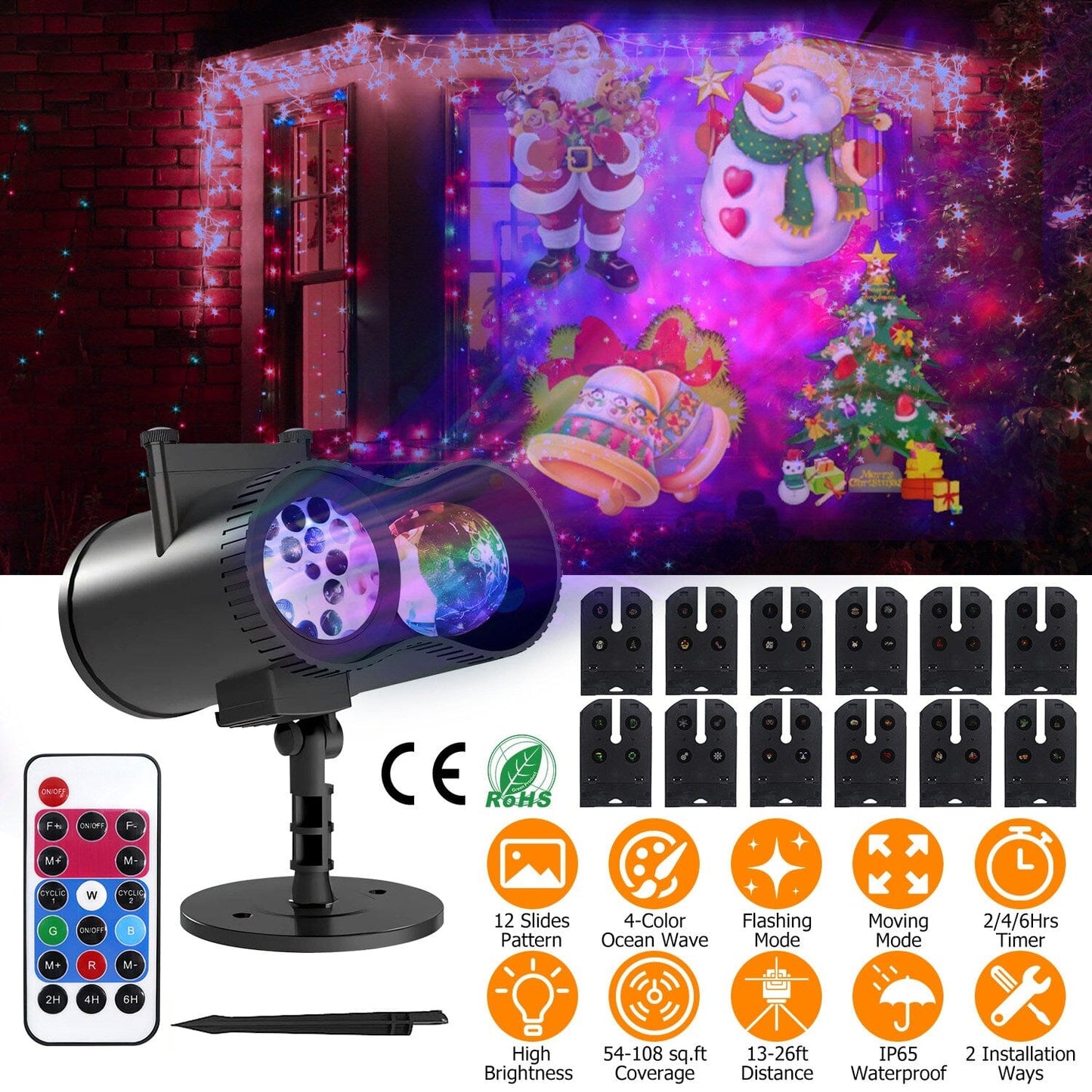 Frendorf | 12 Muster LED Projektorlichter IP65 wasserdichter Ozeanwellenprojektorlampe mit Fernbedienung Timer
