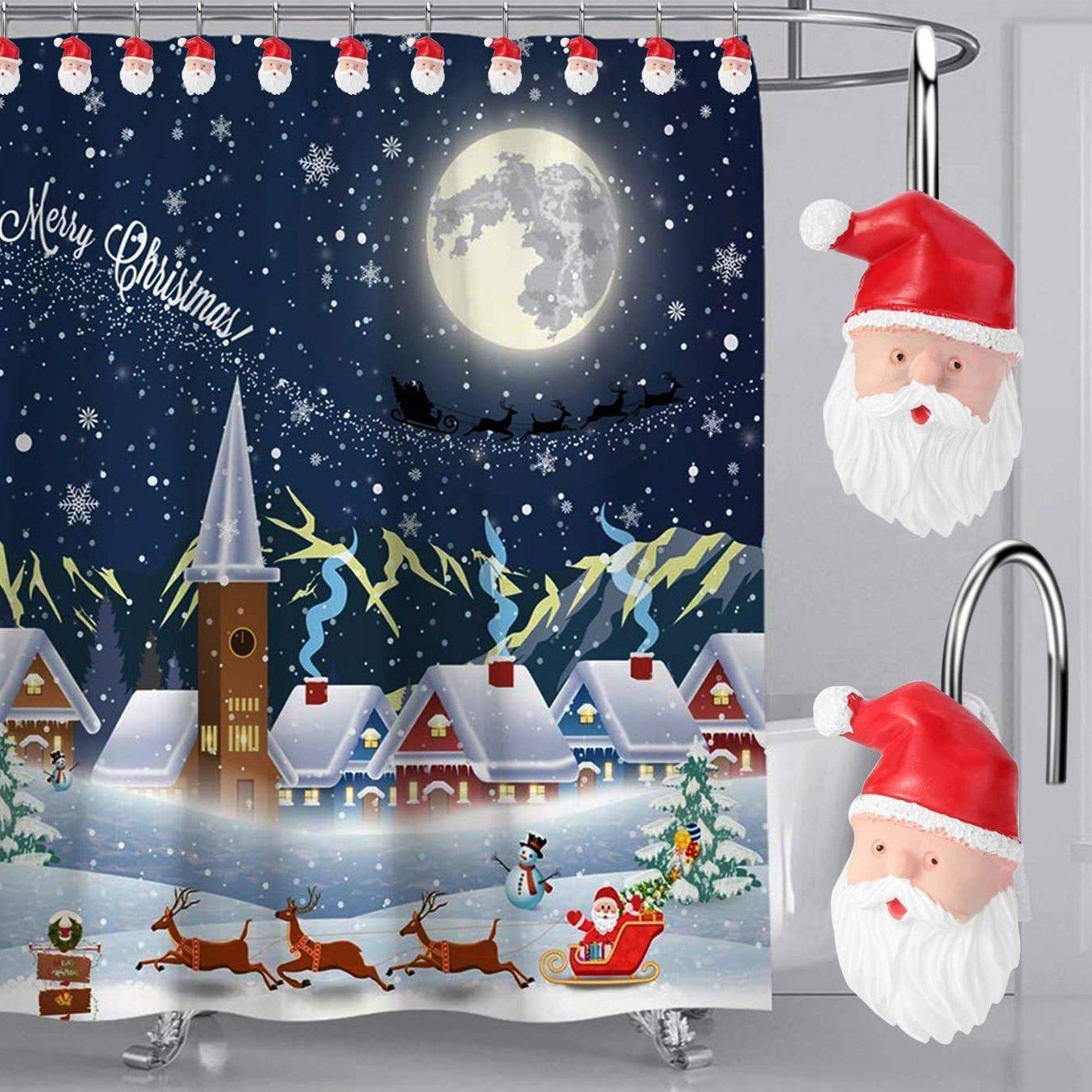 Frendorf | 12-Teile: Weihnachts-Duschvorhang Anti-Rost Haken