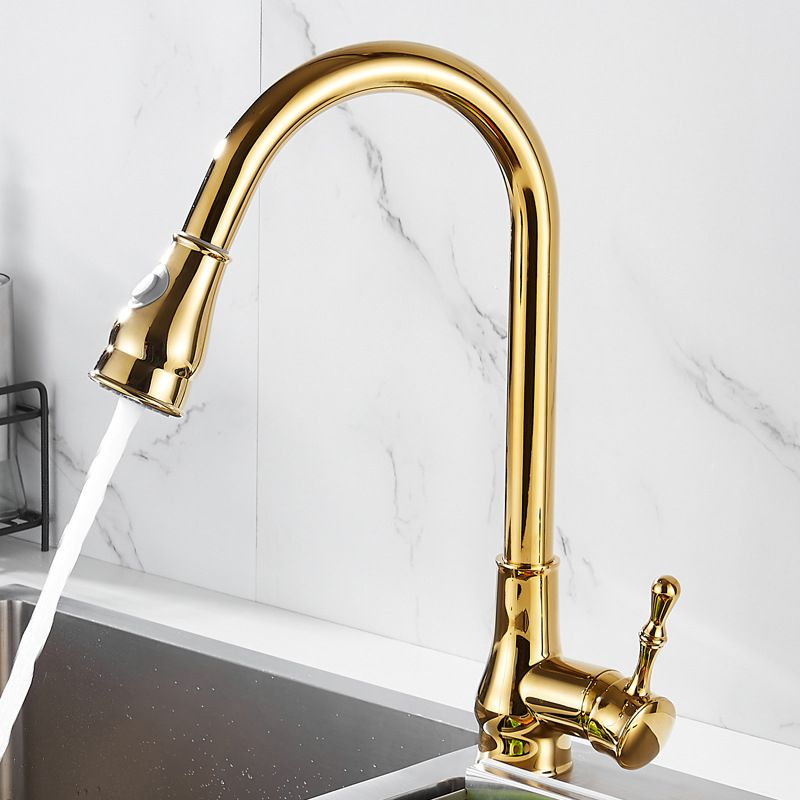 Frendorf | Gebürstete Gold Küche Spüle Wasserhahn Hohe Bogen Schwenkauslauf mit Herausziehbarer Sprühdüse