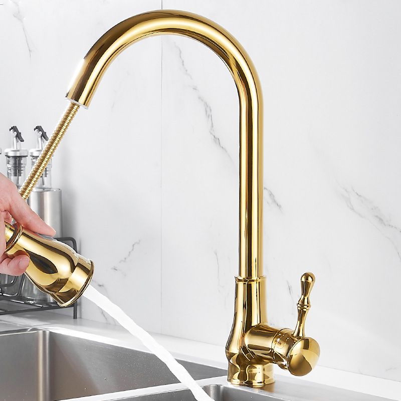 Frendorf | Gebürstete Gold Küche Spüle Wasserhahn Hohe Bogen Schwenkauslauf mit Herausziehbarer Sprühdüse