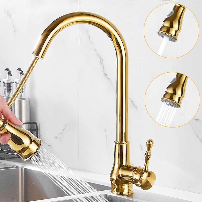 Frendorf | Gebürstete Gold Küche Spüle Wasserhahn Hohe Bogen Schwenkauslauf mit Herausziehbarer Sprühdüse