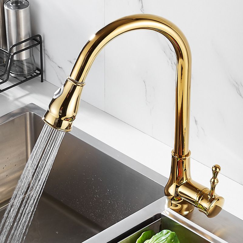 Frendorf | Gebürstete Gold Küche Spüle Wasserhahn Hohe Bogen Schwenkauslauf mit Herausziehbarer Sprühdüse