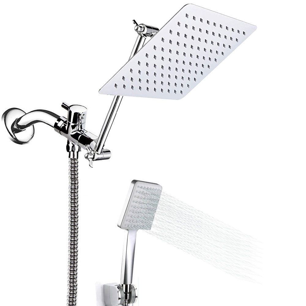 Frendorf | Pull down Dual Shower Head Square High Arch Shower Head Combo in Chrome