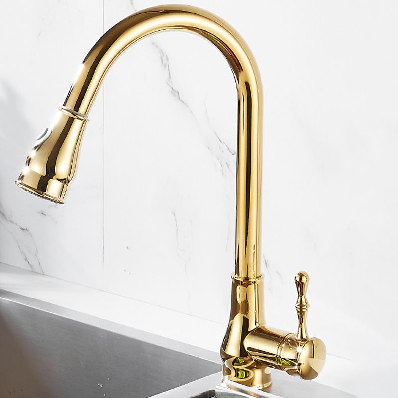 Frendorf | Gebürstete Gold Küche Spüle Wasserhahn Hohe Bogen Schwenkauslauf mit Herausziehbarer Sprühdüse