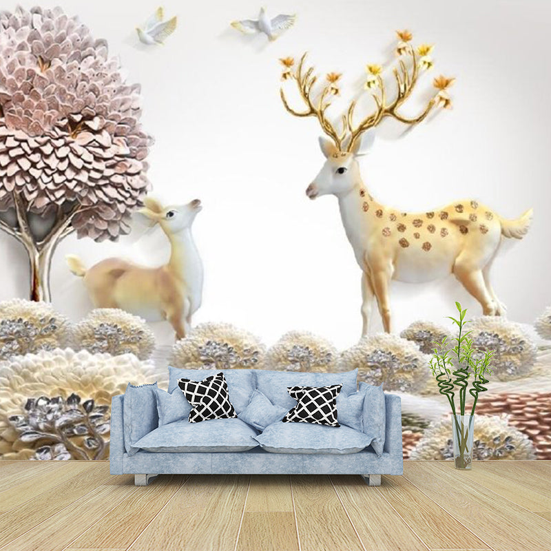 Nordic Grassland Deer Wandmalerei Lila-Gelb Feuchtigkeitsbeständige Wandkunst für zu Hause