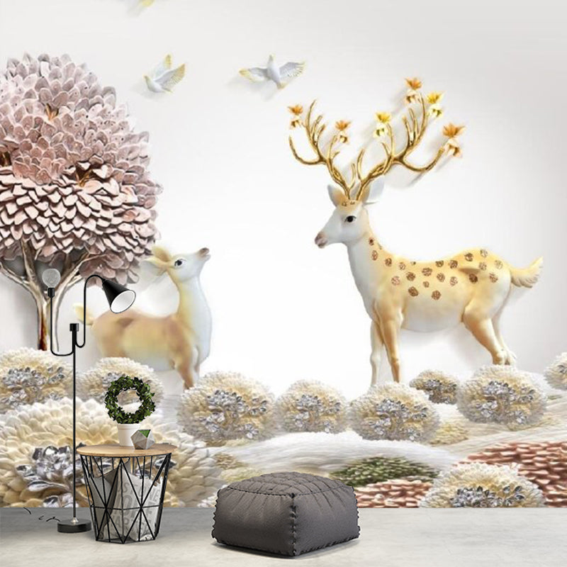 Nordic Grassland Deer Wandmalerei Lila-Gelb Feuchtigkeitsbeständige Wandkunst für zu Hause