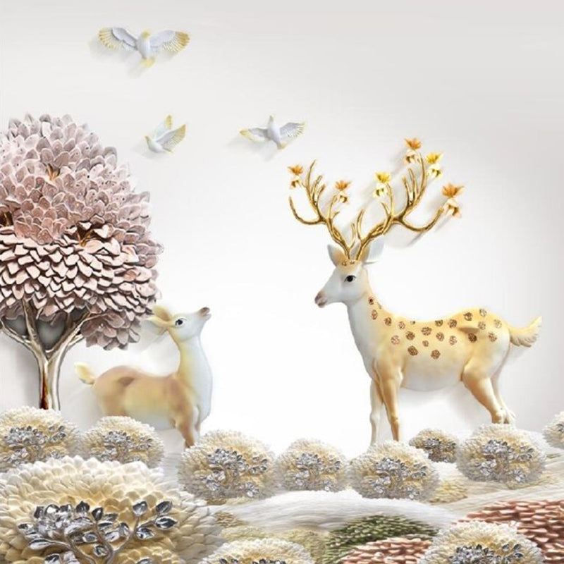 Nordic Grassland Deer Wandmalerei Lila-Gelb Feuchtigkeitsbeständige Wandkunst für zu Hause