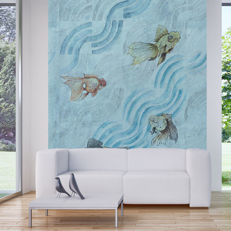 Frendorf | Goudvis in Stromende Stoom Muren Grijs-Blauw Art Deco Wandbekleding voor Kinderkamer