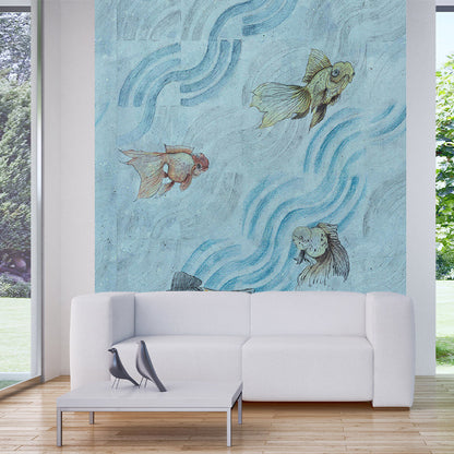 Frendorf | Goudvis in Stromende Stoom Muren Grijs-Blauw Art Deco Wandbekleding voor Kinderkamer