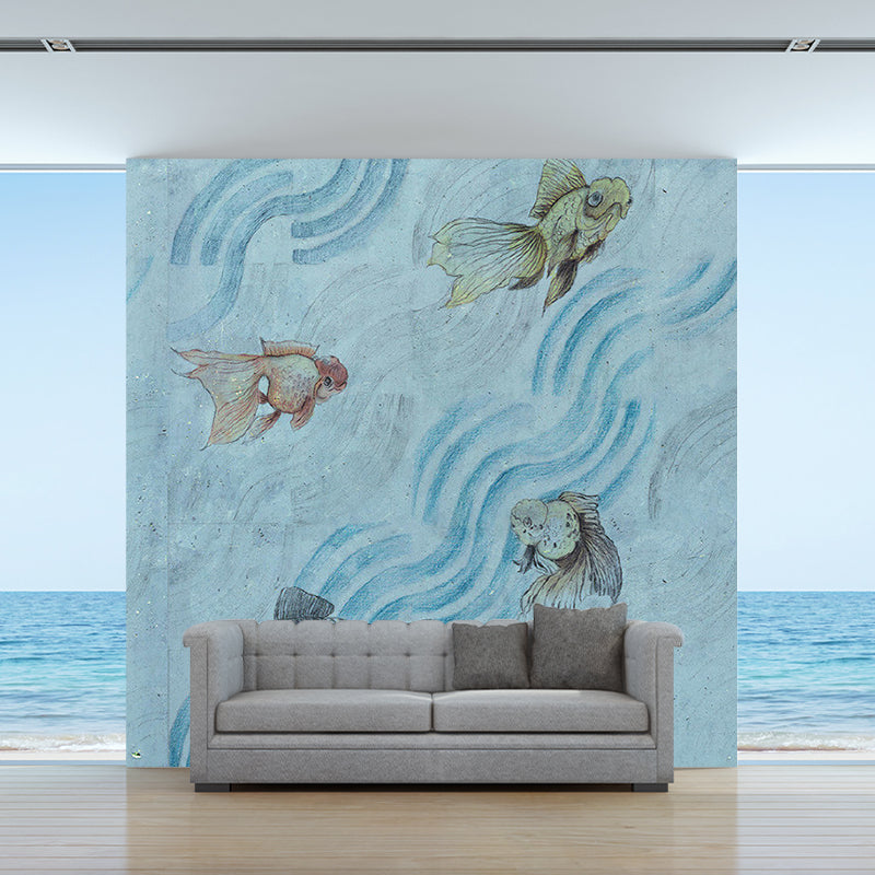 Frendorf | Goudvis in Stromende Stoom Muren Grijs-Blauw Art Deco Wandbekleding voor Kinderkamer