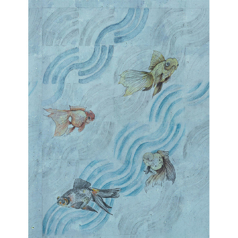 Frendorf | Goudvis in Stromende Stoom Muren Grijs-Blauw Art Deco Wandbekleding voor Kinderkamer