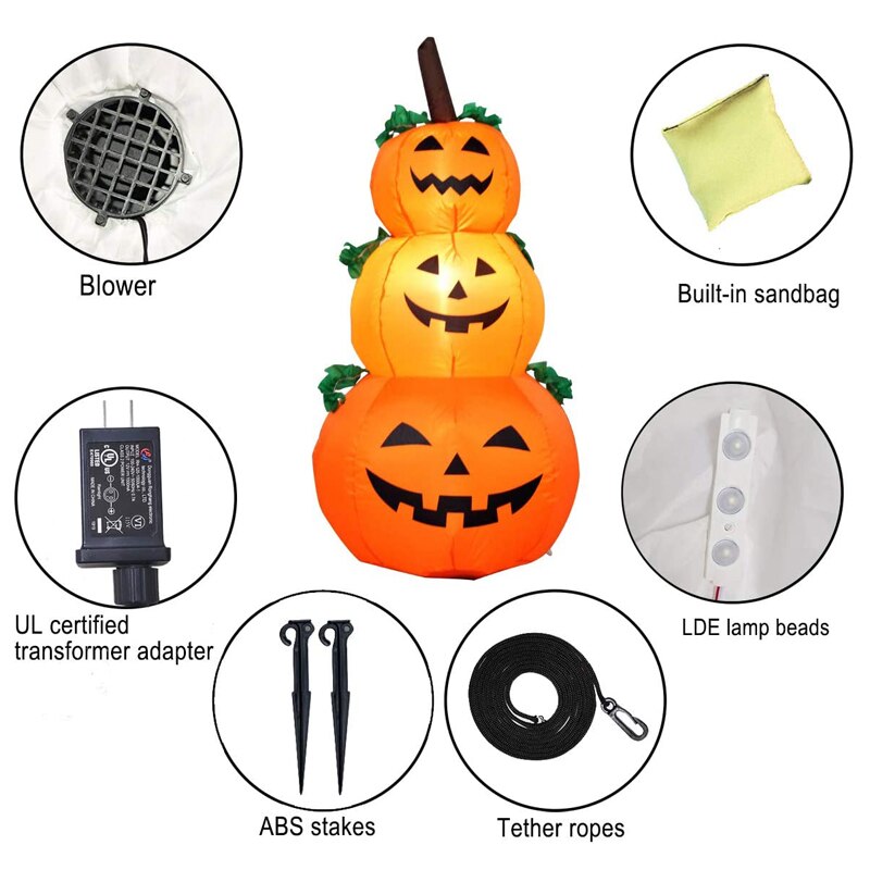 120CM Riesen-Halloween-Kürbis-Geist aufblasbare LED-beleuchtete Spielzeuge 3 Jack-O-Laternen Garten Hausdekoration Party Requisiten Airbow