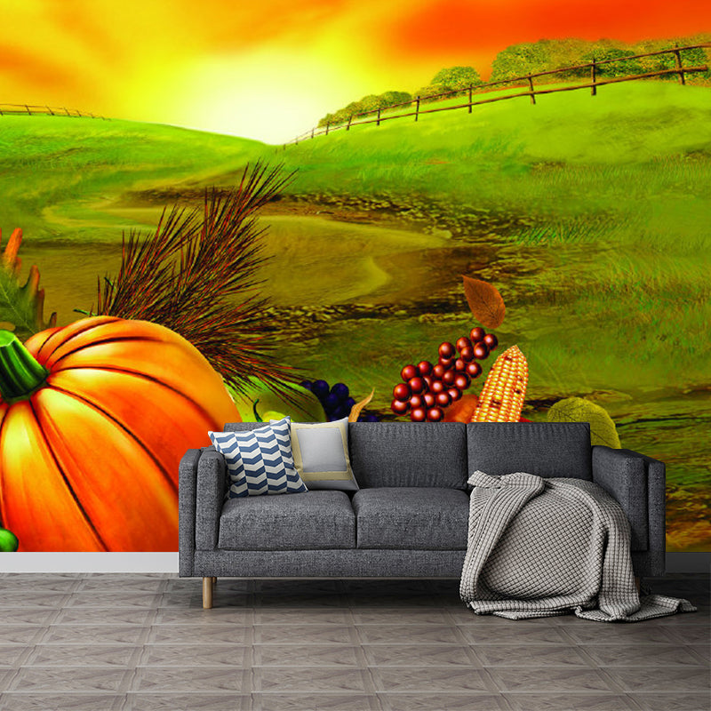 Frendorf | Food Harvest at Dusk Murals Wallpaper Farmhouse Non-Woven Wall Covering in Orange-Green