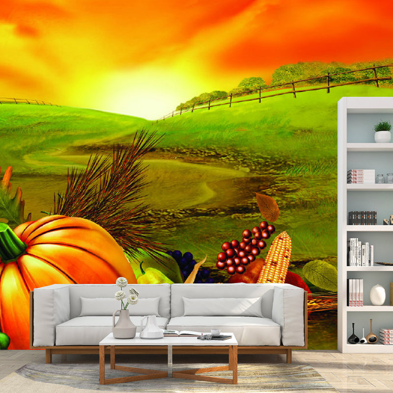 Frendorf | Food Harvest at Dusk Murals Wallpaper Farmhouse Non-Woven Wall Covering in Orange-Green