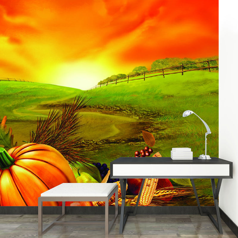 Frendorf | Food Harvest at Dusk Murals Wallpaper Farmhouse Non-Woven Wall Covering in Orange-Green