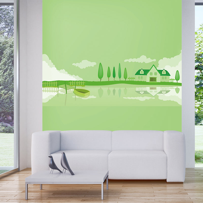 Frendorf | Groene Lakeside Huis Muurafbeelding Decal Fantasie Cartoon Waterdichte Wandkunst voor Kinderkamer