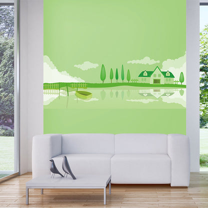 Frendorf | Groene Lakeside Huis Muurafbeelding Decal Fantasie Cartoon Waterdichte Wandkunst voor Kinderkamer