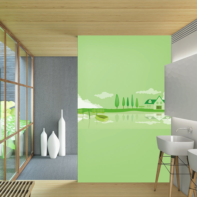 Frendorf | Groene Lakeside Huis Muurafbeelding Decal Fantasie Cartoon Waterdichte Wandkunst voor Kinderkamer