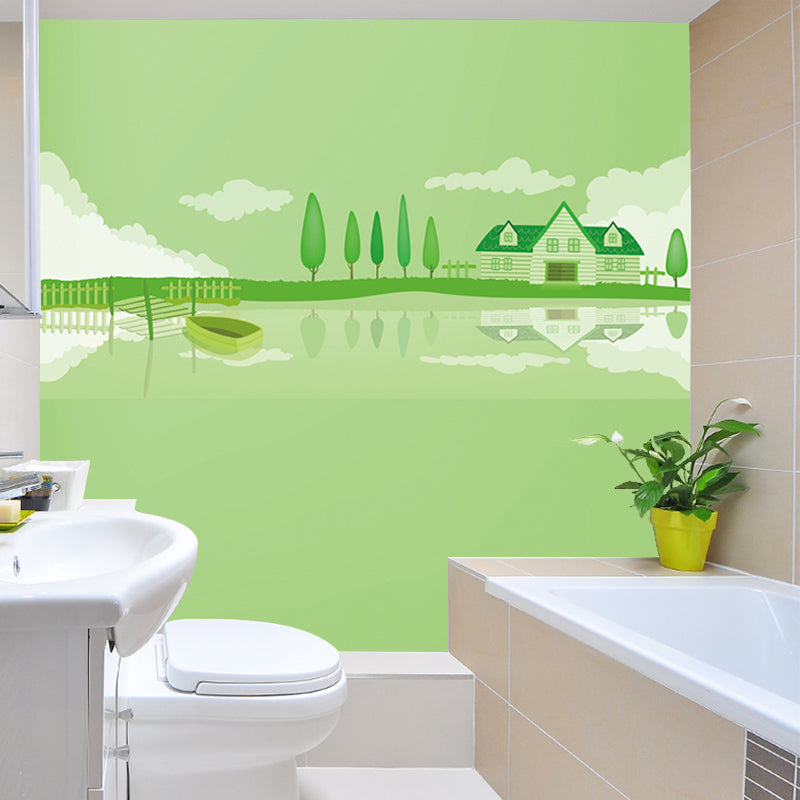 Frendorf | Groene Lakeside Huis Muurafbeelding Decal Fantasie Cartoon Waterdichte Wandkunst voor Kinderkamer