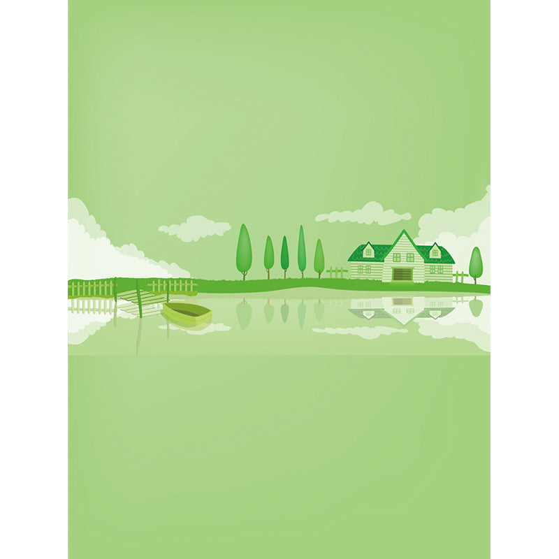 Frendorf | Groene Lakeside Huis Muurafbeelding Decal Fantasie Cartoon Waterdichte Wandkunst voor Kinderkamer