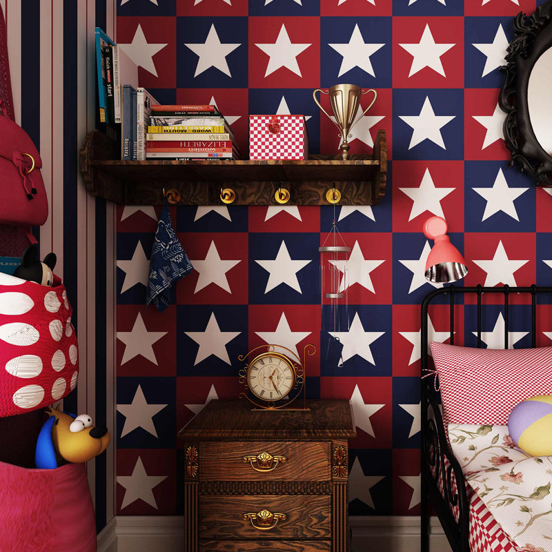 Frendorf | Novelty Kids Peel Stick Wallpaper mit Sternenmuster Rot-Blau Wandbelag, Einfach zu Entfernen