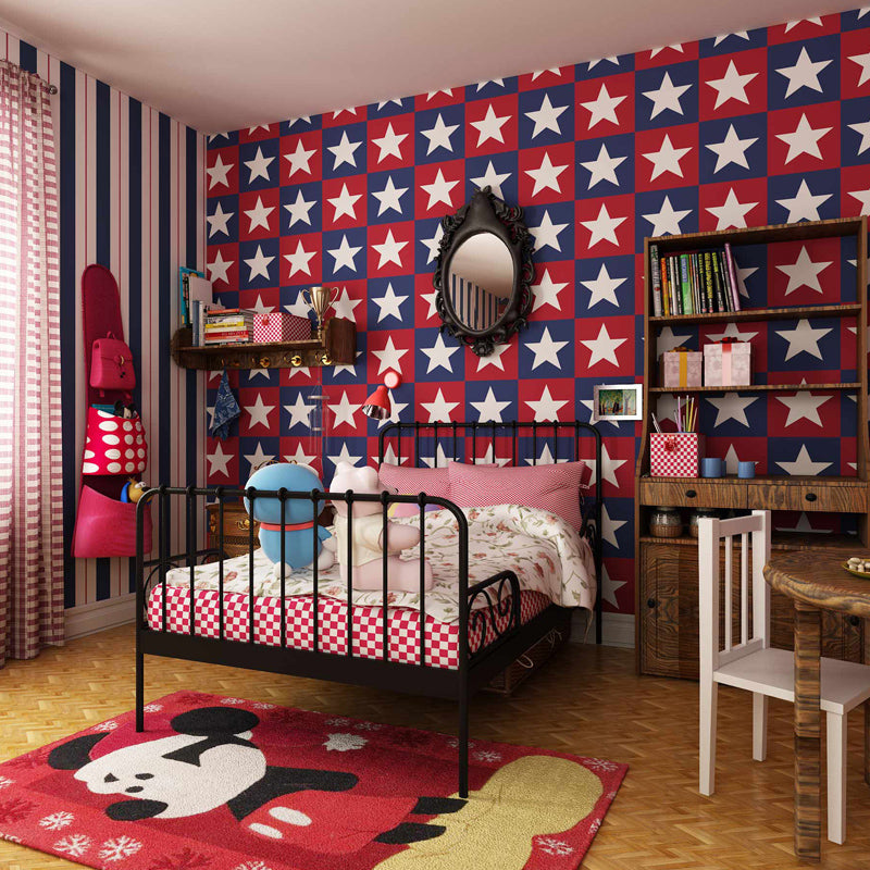 Frendorf | Novelty Kids Peel Stick Wallpaper mit Sternenmuster Rot-Blau Wandbelag, Einfach zu Entfernen