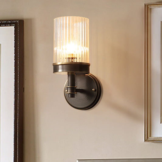 Frendorf | 1-Birne Klarglas Wandleuchte Beleuchtung Antik Stil Schwarzer Zylindrischer Schirm Schlafzimmer Wandleuchte Fixture