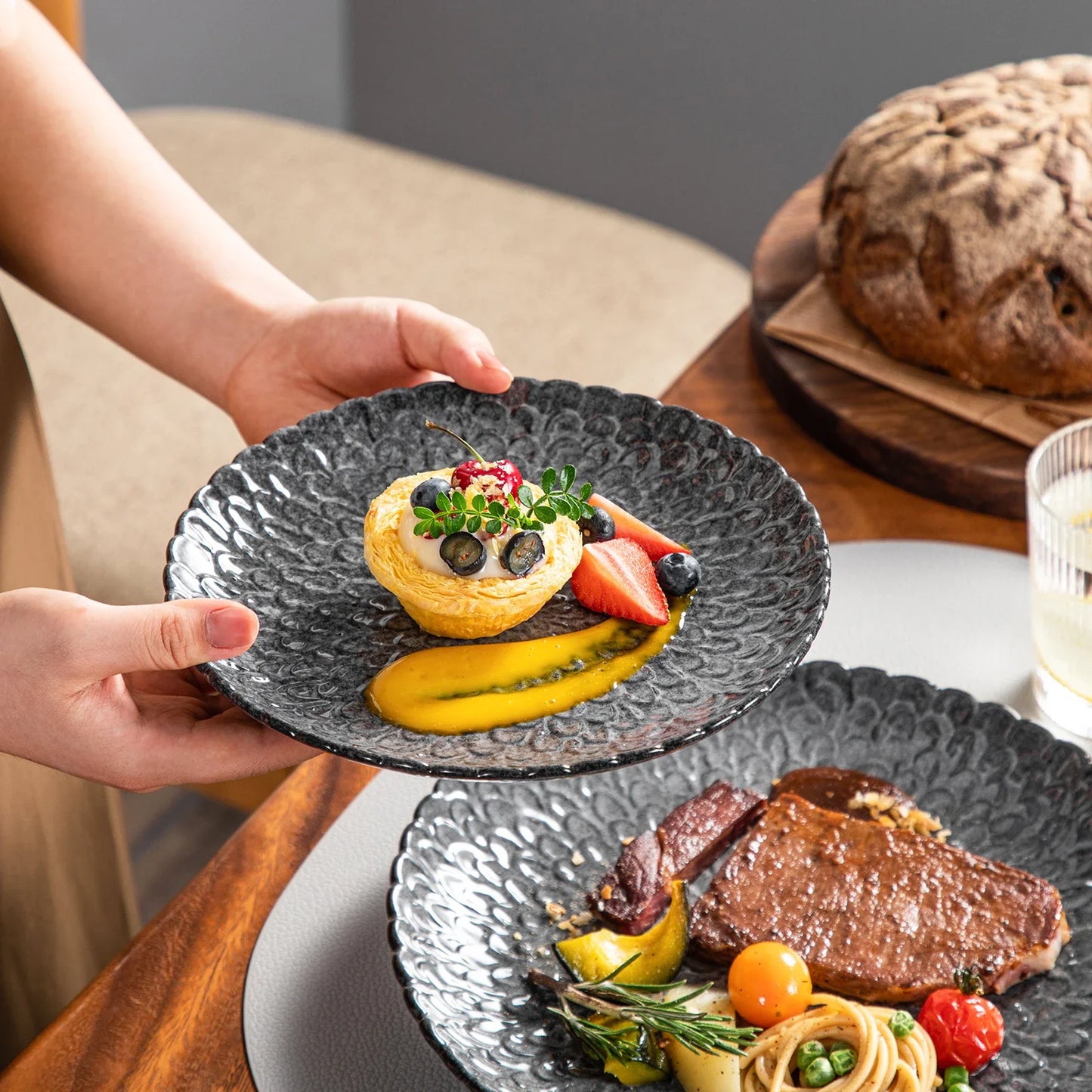 Frendorf | 12/24 Stück Steinzeug Geschirrset Texturiertes Keramik Kombinationsset