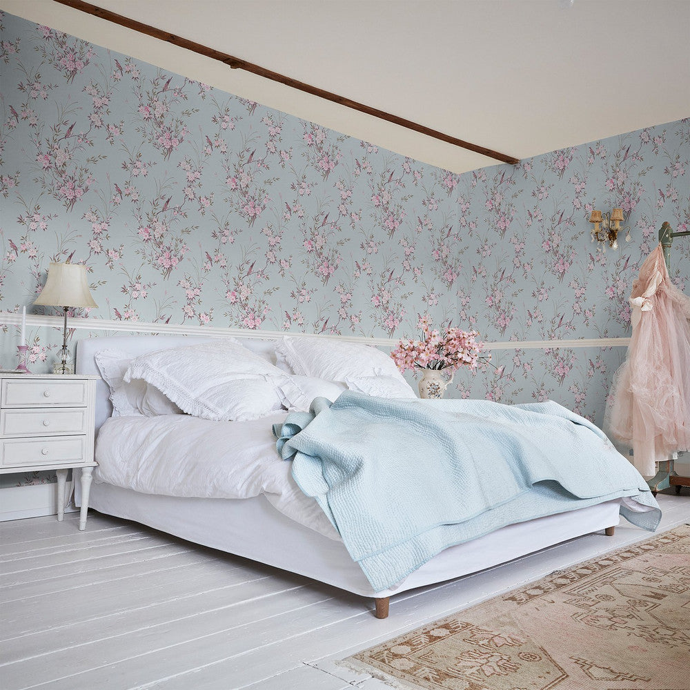 Shabby Chic Tapete von Rachel Ashwell - Vogel Chinoiserie - Blau