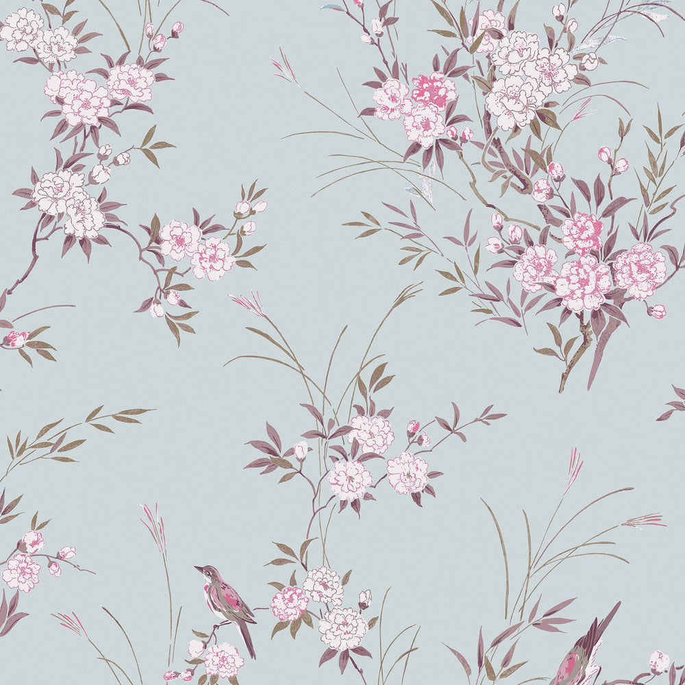 Shabby Chic Tapete von Rachel Ashwell - Vogel Chinoiserie - Blau