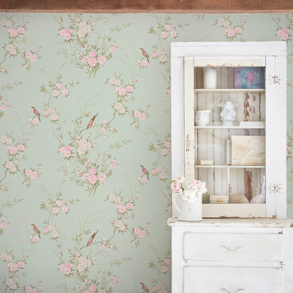 Shabby Chic Tapete von Rachel Ashwell - Vogel Chinoiserie - Blau