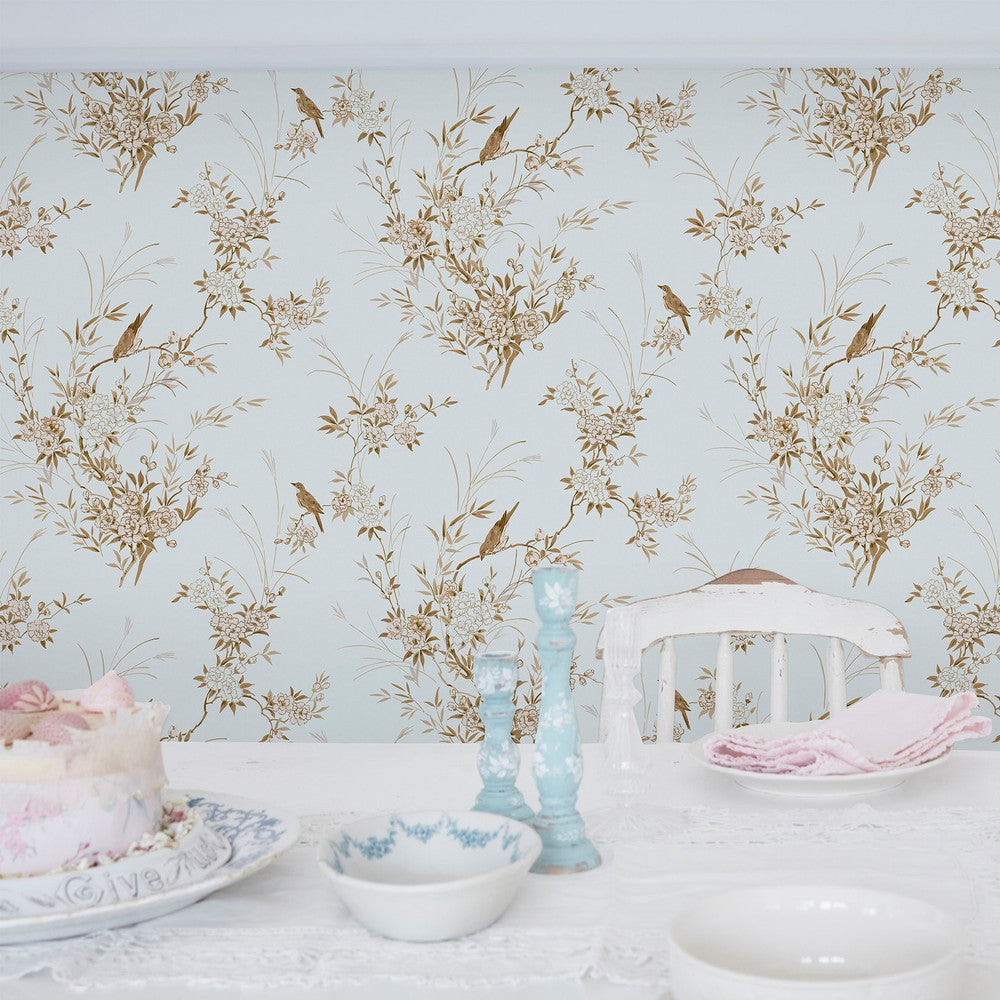 Shabby Chic Tapete von Rachel Ashwell - Vogel Chinoiserie - Blau