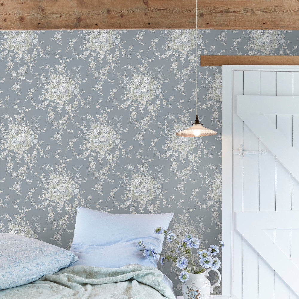 Shabby Chic Tapete von Rachel Ashwell - Gartenblume - Schiefergrau