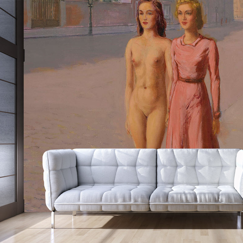 Frendorf | Custom Illustration Surreal Wandtapijten met Twee Meisjes die Langs een Straat Wandelen, Roze-Geel