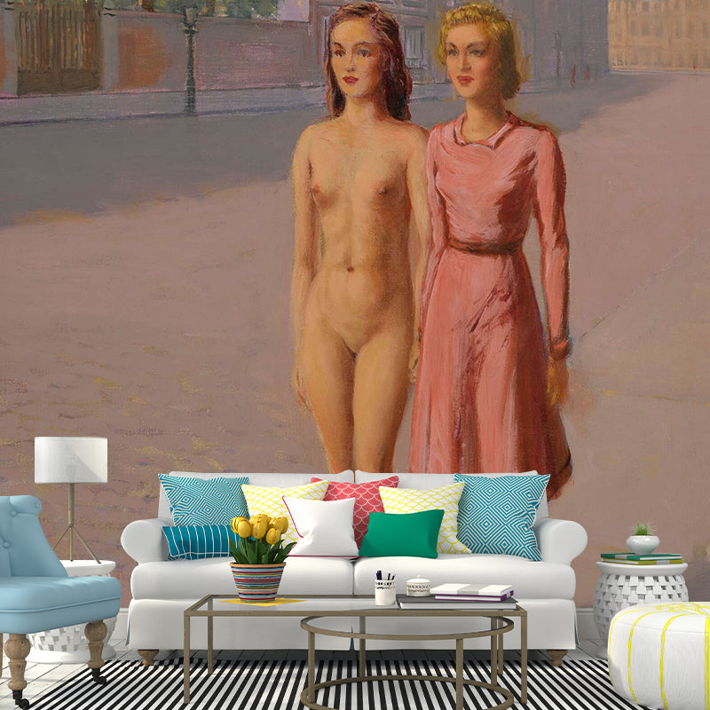 Frendorf | Custom Illustration Surreal Wandtapijten met Twee Meisjes die Langs een Straat Wandelen, Roze-Geel