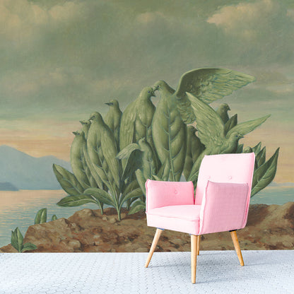 Art Bird Plant Island Wandmalerei surreale Vliesstoff Wandverkleidung in Grau-Grün