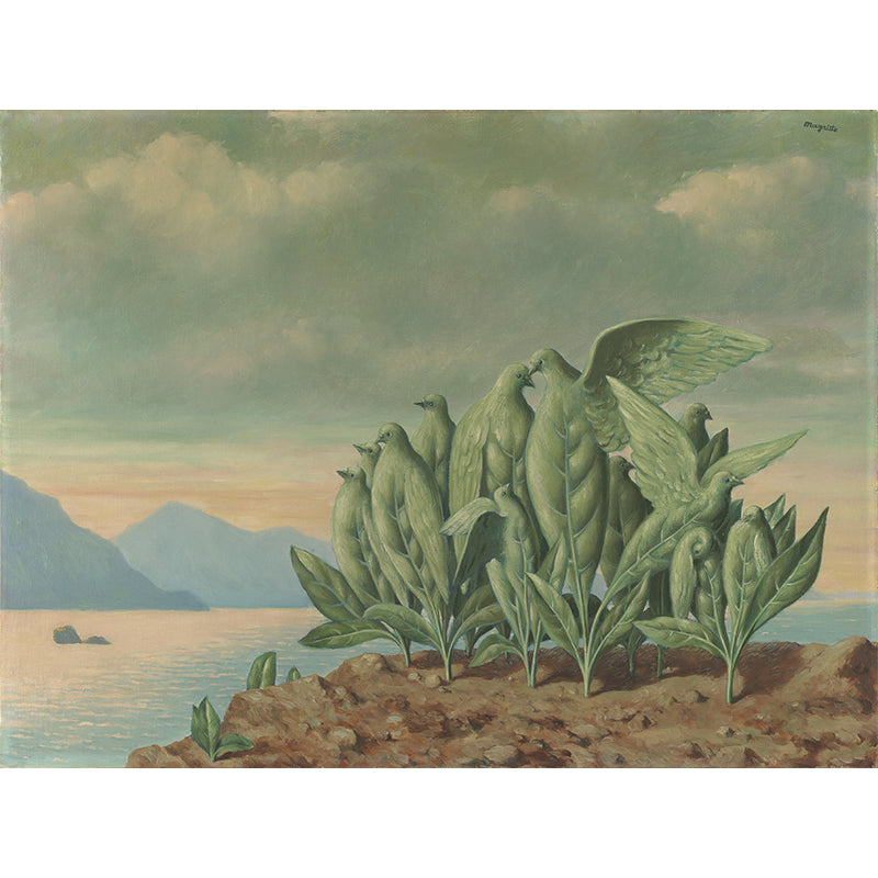 Art Bird Plant Island Wandmalerei surreale Vliesstoff Wandverkleidung in Grau-Grün