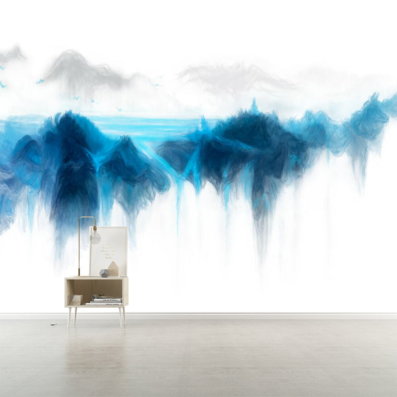 River Mountain Landschaft Wandmural Tapete Blau und Weiß Moderne Kunst Wandverkleidung für Zuhause